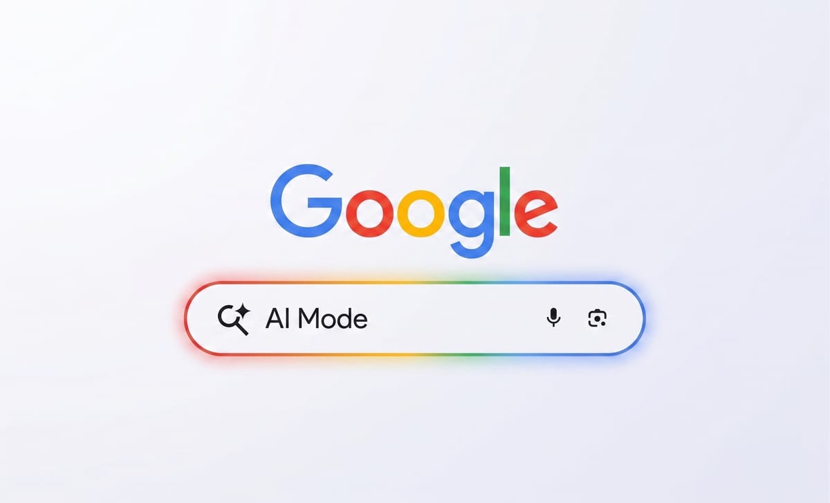 Barre de recherche Google affichant le bouton AI Mode, entourée d’un liseré aux couleurs de Google
